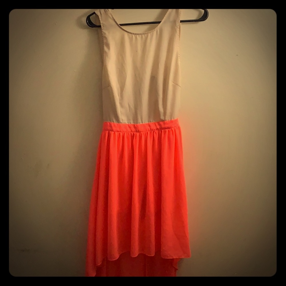 Hot pink and tan high low tie back romper/dress